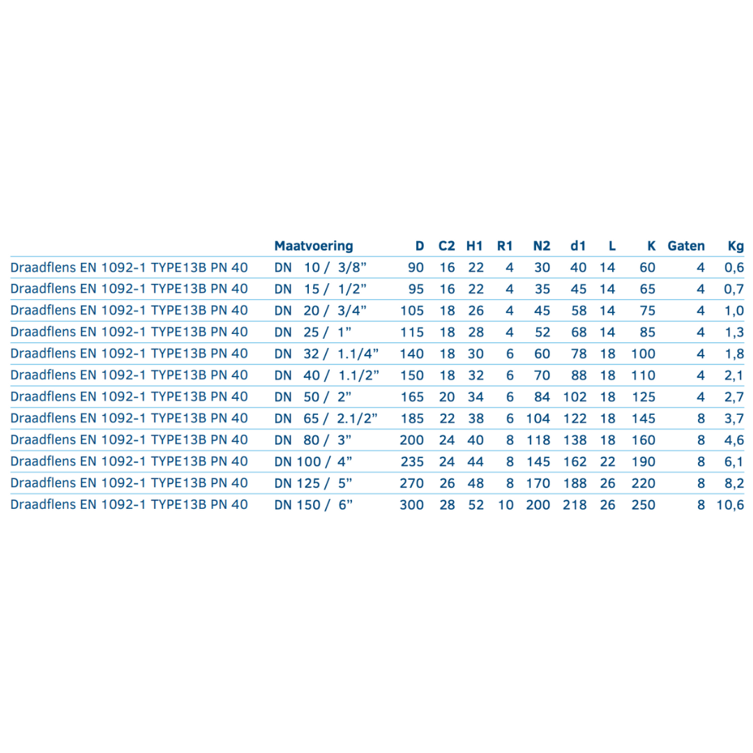 Draadflens EN 1092-1 TYPE13B PN 40 - Ferranox Metal Center