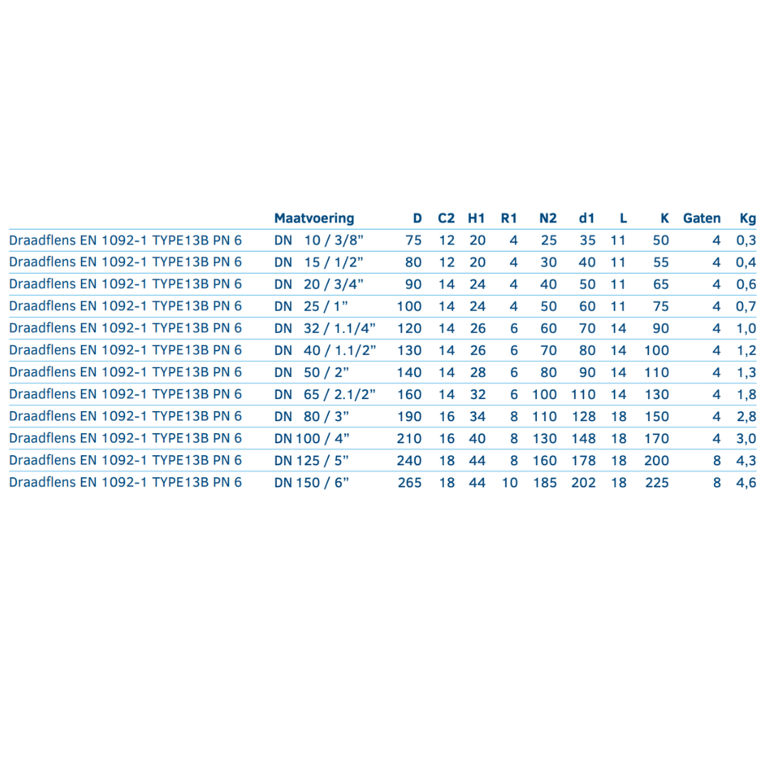 Draadflens EN 1092-1 TYPE13B PN 6 - Ferranox Metal Center