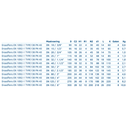 Draadflens EN 1092-1 TYPE13B PN 40 - Ferranox Metal Center